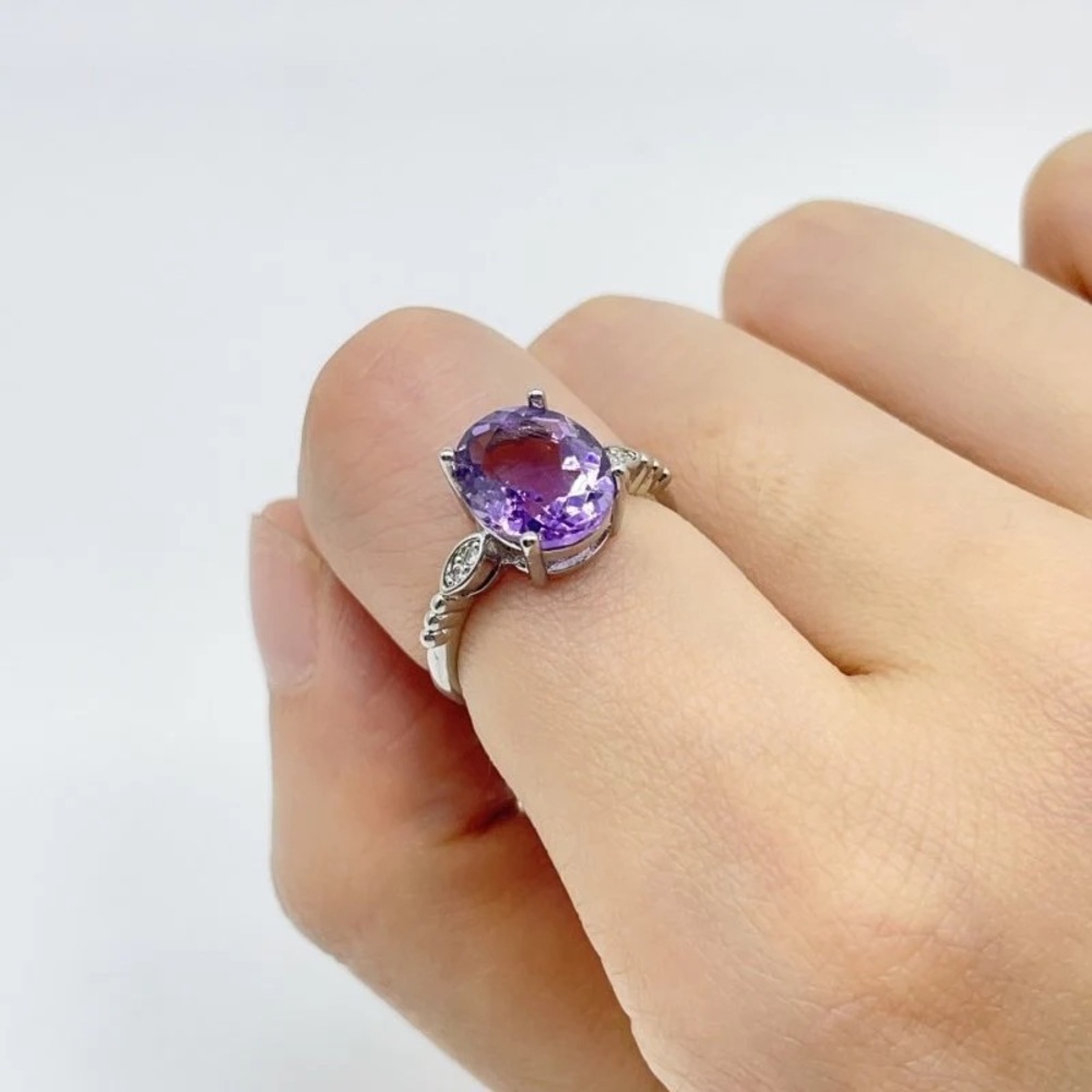 Faceted Cut Amethyst Adjustable Ring – Stainless Steel - Picture 2 of 2